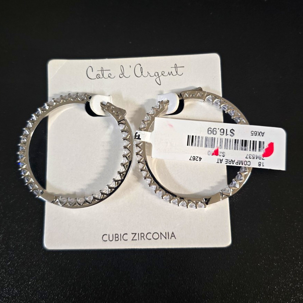 Cote d' Argent Silver Tone CZ Hoop Earrings Round White Post Lobe